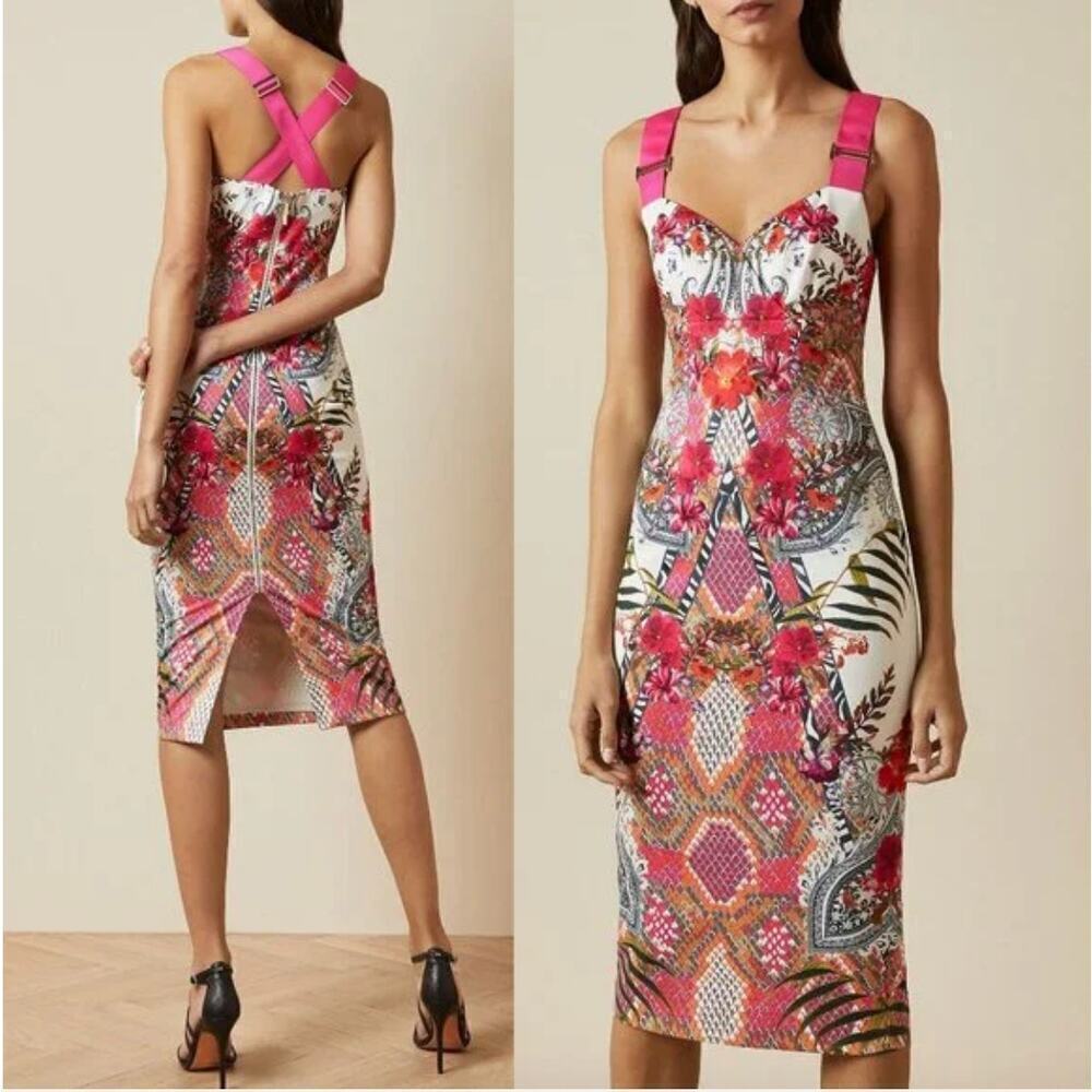 EUC Ted Baker $295 Kloeey Samba Strappy Bodycon Midi Dress Floral Ivory